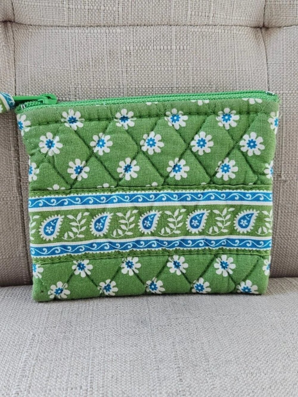 Vera Bradley Women Coin Purse Zip Closure Green Cotton Mini Wallet Made in USA